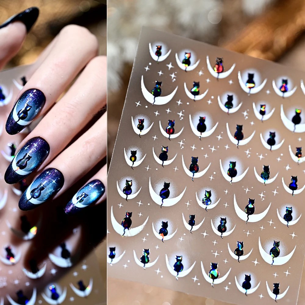 1 Stück glänzende schwarze Katze Französische Linien Nagelaufkleber Y2K Sterne Mond Aurora Katzen Schatten Nagelaufkleber Selbstklebendes Maniküre-Zubehör Image