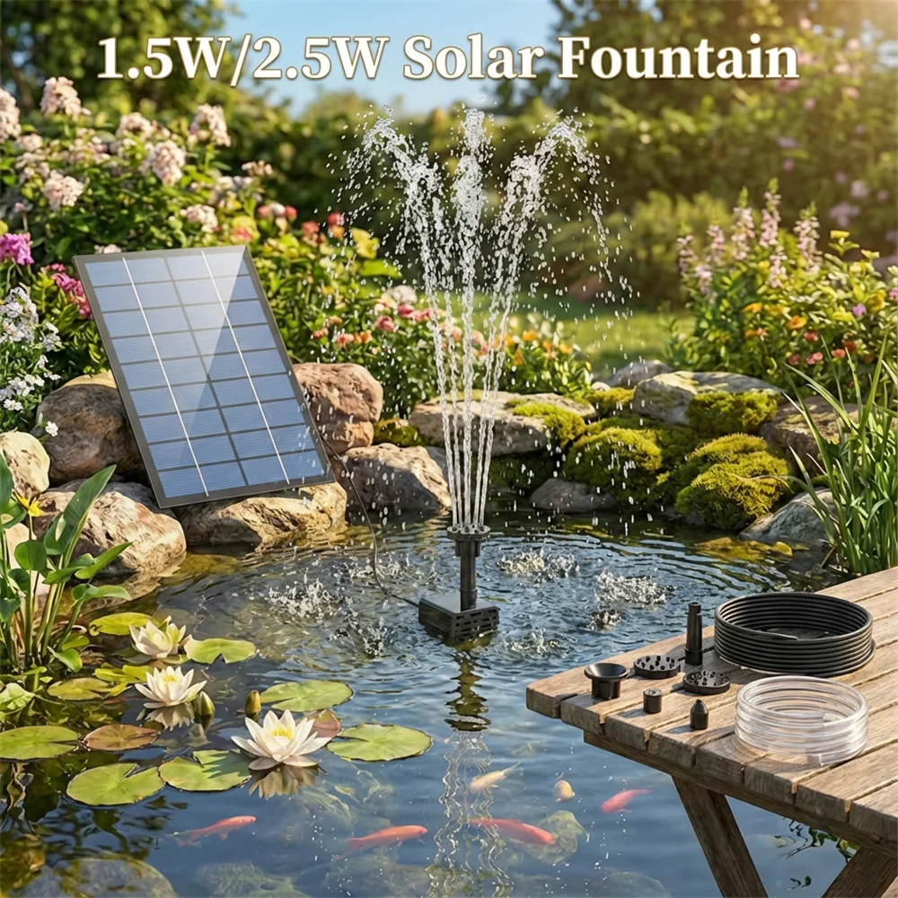 1,5 W/2,5 W Solarbrunnen, geteilte DIY-Pumpe, Solar-Wasserbrunnen für den Außenbereich mit 6 Düsen für Vogelbad, Teiche, Garten und Fische