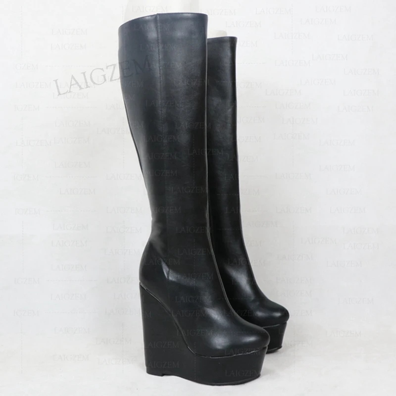 ZHIMA Damen Kniehohe Stiefel, Plateau-Keile, durchgehender Reißverschluss, Kunstleder, Absatzhöhe, hohe Stiefel, Damenschuhe, Damen, große Größe 41, 43, 45, 52