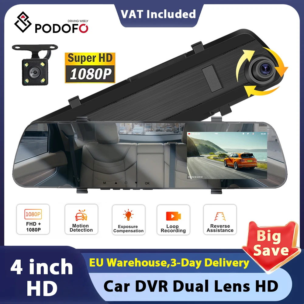 Podofo 4" Auto DVR Dual Lens Spiegelkamera Auto Recorder mit 480P Rückspiegel Dash Cam Vorder- und Rückfahrkamera Image