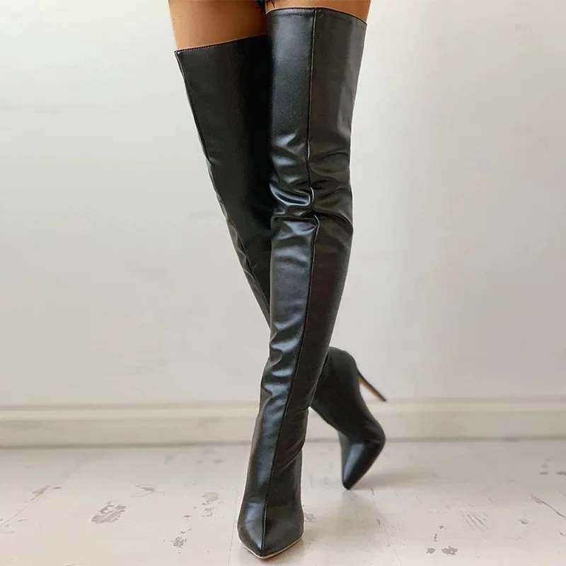 Stivali da donna Taglie forti Tacchi alti Autunno Inverno Stivali sopra il ginocchio sexy Zip Scarpe da donna nere Stivali alti alla coscia a spillo con punta a punta