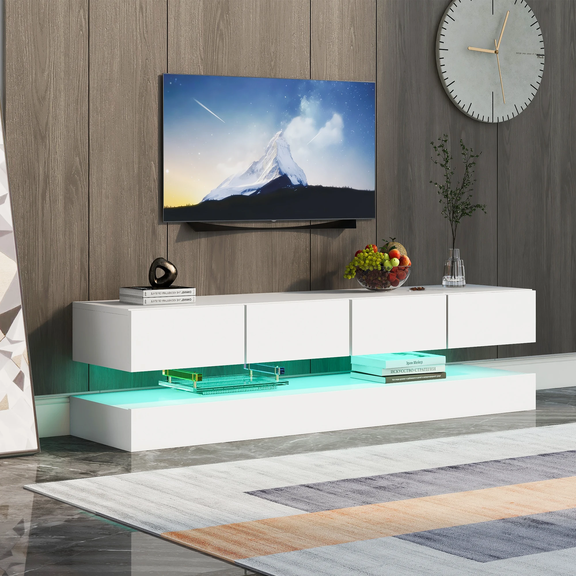LED-TV-Lowboard, wandmontierter TV-Schrank, TV-Ständer, TV-Möbel mit 2 Schränken und 4 großen Schubladen, 16-Farben-LED-Beleuchtung