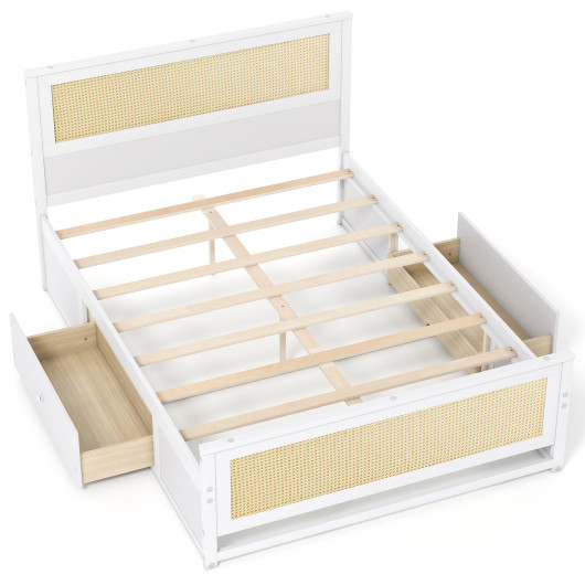 Costway Full Size Rattan Bed Frame with Storage Drawers-White