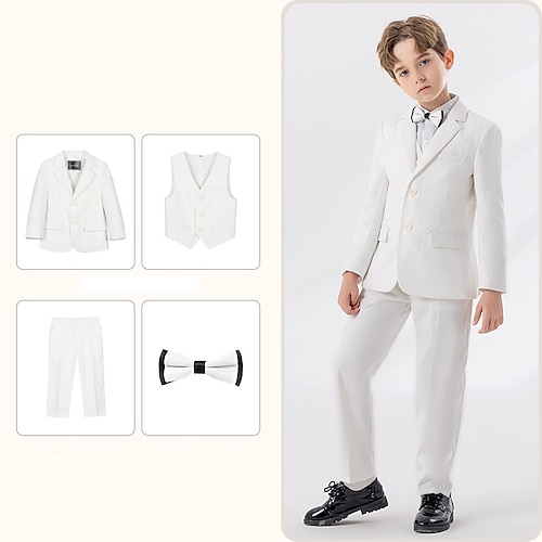 Completo da fedi per bambini, 4 pezzi, blazer gilet pantaloni cravatta ragazzo abito formale casual esterno festa moda fresco basic tinta unita tasca bottoni blu bianco vino poliestere