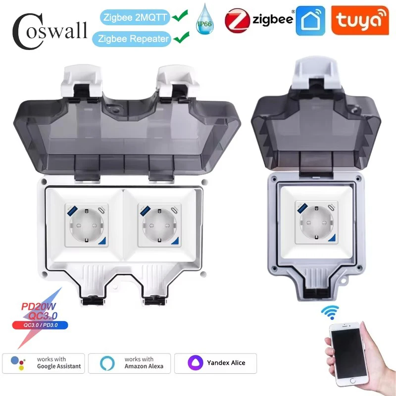 Coswall IP66 wasserdichte EU-Steckdose Tuya WIFI / Zigbee mit PD 20W Typ-C & ein Dual-USB-Schnellladegerät mit Leistungsüberwachungsfunktion Image