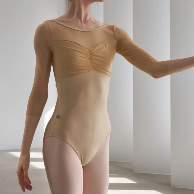 Ballett-Trikots für Damen, Erwachsene, Gymnastik, Yoga, Ballerina, Tanz-Bodys, Patchwork-Mesh, halbe Ärmel, quadratischer Kragen Image