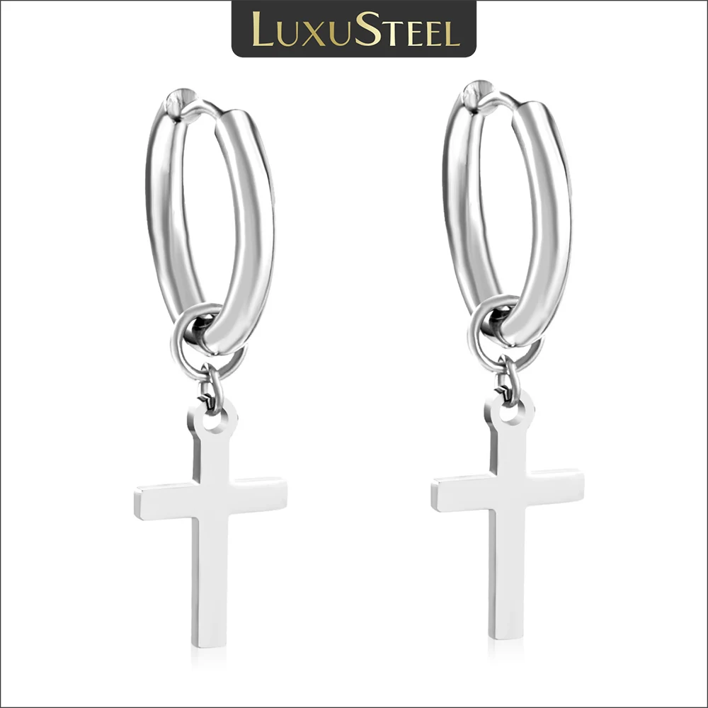 LUXUSTEEL Gothic Männer Kreuz Anhänger Tropfen Baumeln Ohrringe Silber Farbe Edelstahl Hoop Kreis Punk Ohr Jewerly BFF Geschenke
