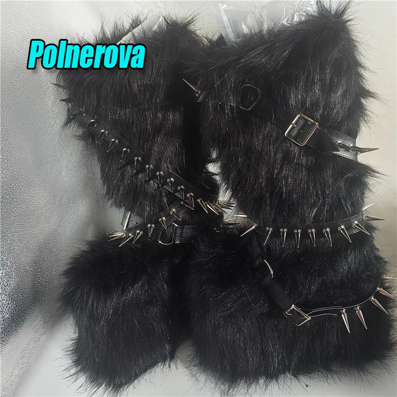 Kniehohe Stiefel aus Kunstfell mit Keilabsatz, Punk-Nieten, Gürtelschnallenriemen, Plattform, Schneestiefel, Winter, warm, runde Zehenpartie ﻿ Damenschuhe in großer Größe