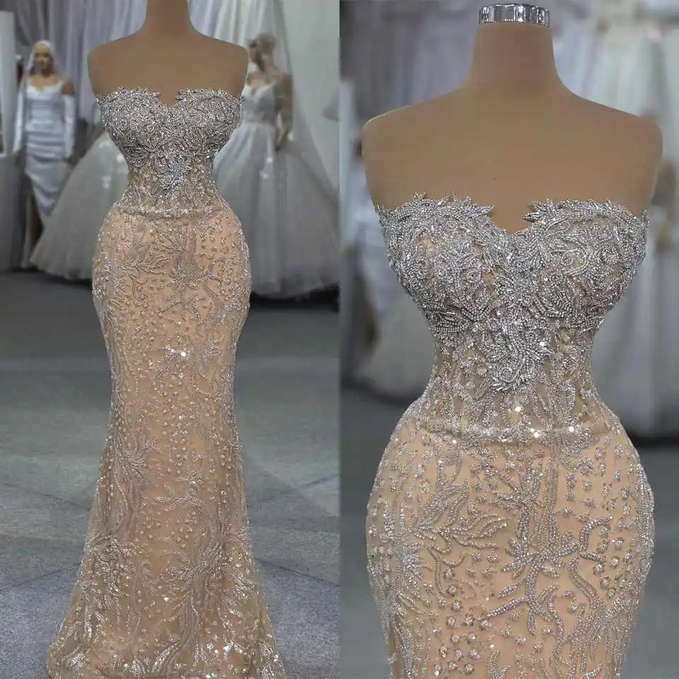Elegantes Meerjungfrau-Abendkleid mit trägerlosen Pailletten, Spitze, bodenlang, Prinzessin, formelles Kleid, maßgeschneidert, Vestido De Novia Image