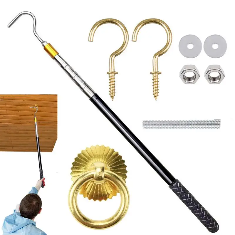Dachboden-Zugsystem, Haken-Set, Dachboden-Metall-Zughaken-Set, Verlängerungsstange und Kupfer-Aufbewahrungshaken, Griff, Teile, Werkzeug für Zuhause, Hotel Image