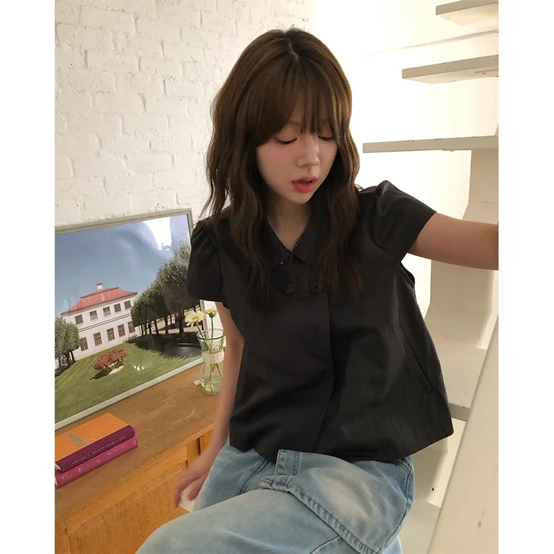 MEXZT Vintage Schwarz Shirts Frauen Japanischen Harajuku Weiß Gestellte Puff Kurzarm Blusen Sommer Koreanische Casual Design Tops Neue
