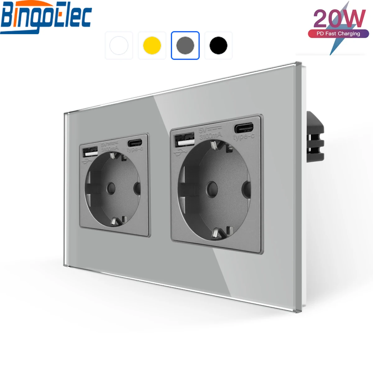 Bingo elec Single Wall EU-Steckdose mit USB-Typ-C-Schnitts tellen 2.1a Doppel-USB-Steckdosen Dreifach-Steckdosen Glasscheibe Image