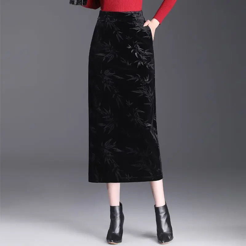 Midi-Bodycon-Rock mit Samtdruck, hohe Taille, stilvoller Bleistiftrock mit Schlitz Image