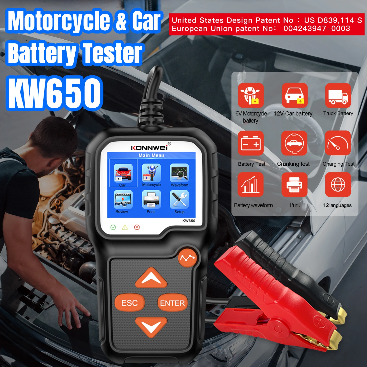 Nouveau testeur de batterie automobile et moto KONNWEI KW650 2026 – Analyseur de batterie 6V 12V, outil de test de démarrage et de charge de 100 à 2000 CCA pour voitures et motos