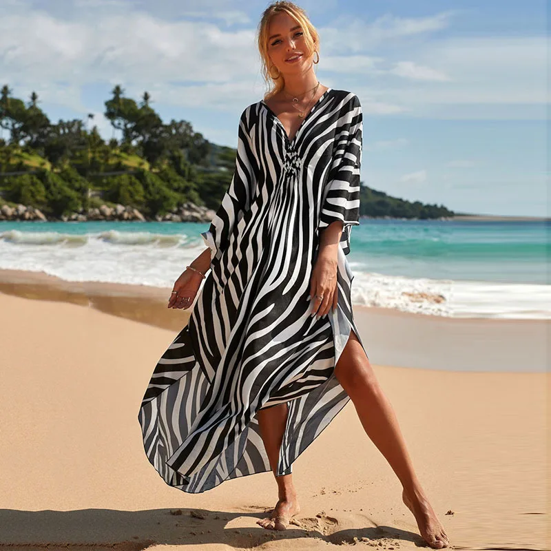 Plus Size Damen-Kaftan-Kleider mit Animal-Print, Kaftane, Bademode, Überzüge, Sommer-Badeanzug, langes Strandkleid Image