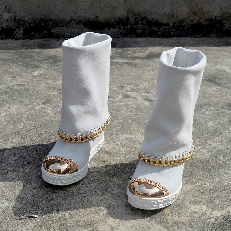 Weiße Reitstiefel, weiße Stiefel mit mittlerer Wade, quadratische Zehenpartie, Innenabsatz, Slip-On, weiblicher High-Heel-Keile, Rindsleder-Booties, Damenschuhe