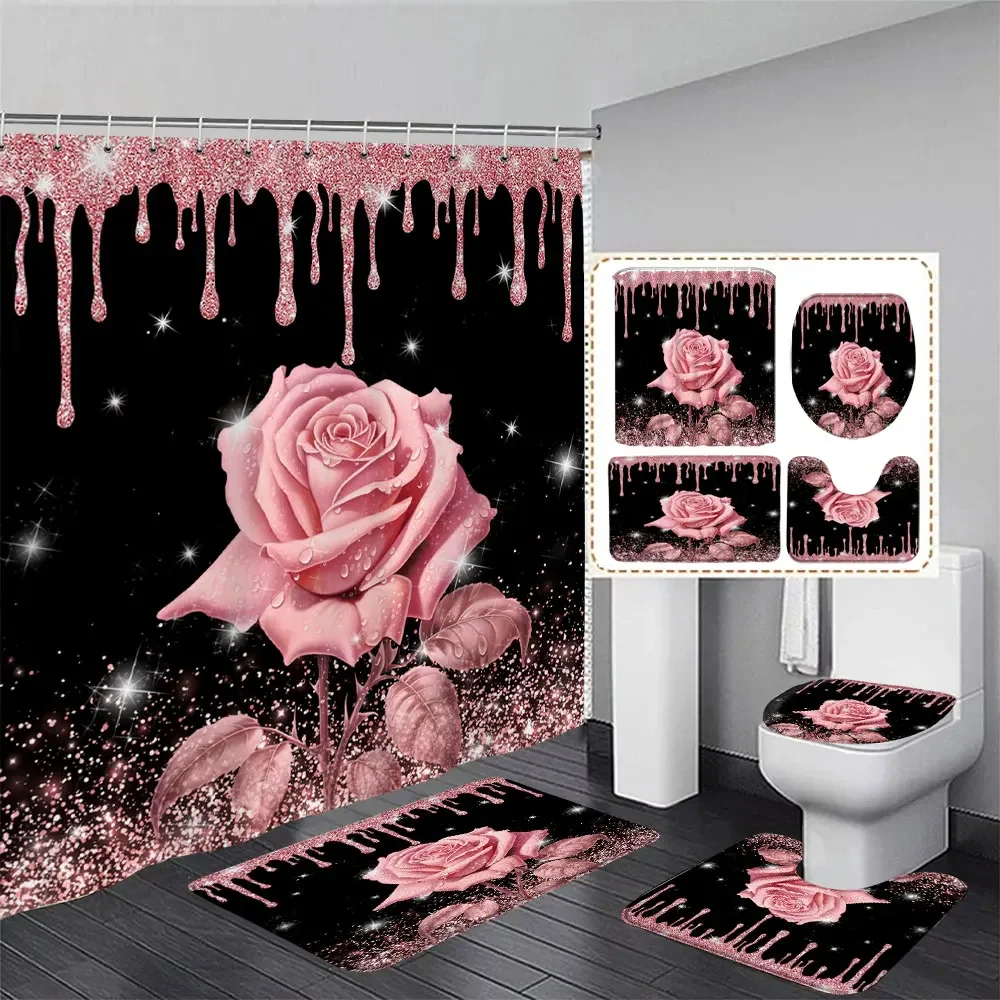 Rideau de douche et tapis à paillettes roses, ensemble de salle de bain, rideaux de douche à paillettes roses florales, tapis de bain, décor de salle de bain avec crochets