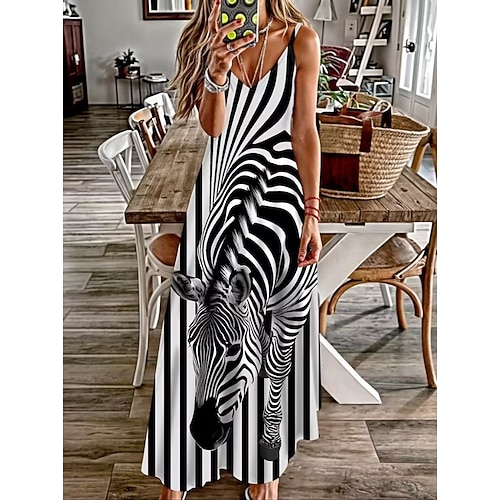 Damen Maxikleid Sommerkleid A Linie Kleid Unterkleid Urlaub Lässig Boho Strand Lässiger Schnitt Grafik Tiermotiv Ärmellos V Ausschnitt Schwarz Sommer Frühling Image