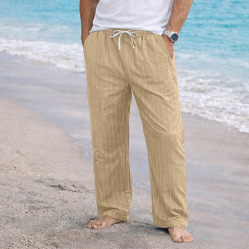 Herren Leinenhosen Hose Sommerhose Baggy-Hosen Kordelzug Elastischer Bund Gerader Schnitt Gestreift Komfort Atmungsaktiv Volle Länge Lässig Täglich Ferien Mode Klassicher Stil Blau Schwarz Image