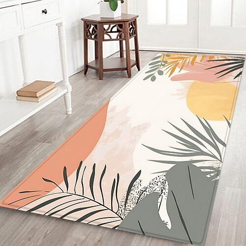 Rutschfester Flurläufer mit Pflanzen-, Blumen- und Blattmuster aus Flanellstoff, bedruckte Fußmatte für Eingangsbereich, Badezimmer und Wohnbereich Image