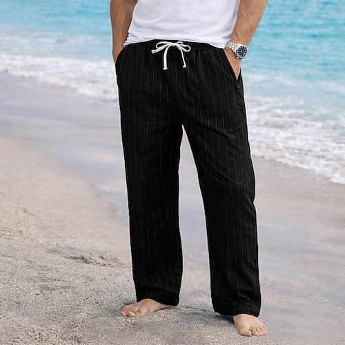 Herren Leinenhosen Hose Sommerhose Baggy-Hosen Kordelzug Elastischer Bund Gerader Schnitt Gestreift Komfort Atmungsaktiv Volle Länge Lässig Täglich Ferien Mode Klassicher Stil Blau Schwarz Image