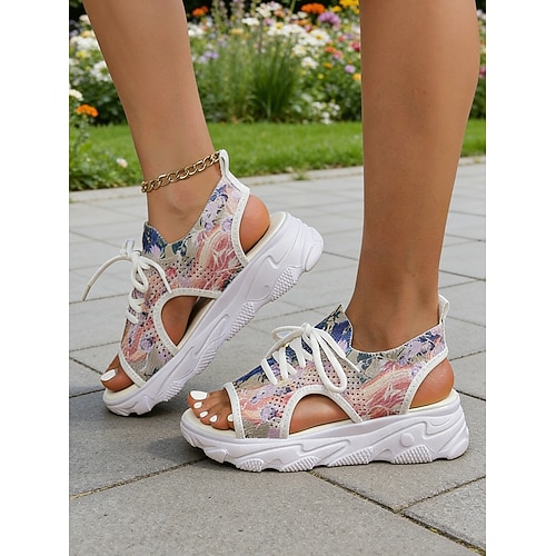 Bunte Plateau-Sandalen mit Blumenmuster für Damen – offene Schnürsandalen im Sneaker-Stil für Sommerausflüge, Spaziergänge und den lässigen Urlaub. Image