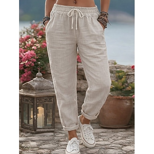Damen Hose aus Baumwollleinen Hose Sommerhose Urlaub Basic Lässig Volle Länge Mittlere Taille Kordelzug Elastischer Bund Komfort Leicht Atmungsaktiv Unelastisch Strand Reise Ferien Blau Grau Schwarz Image