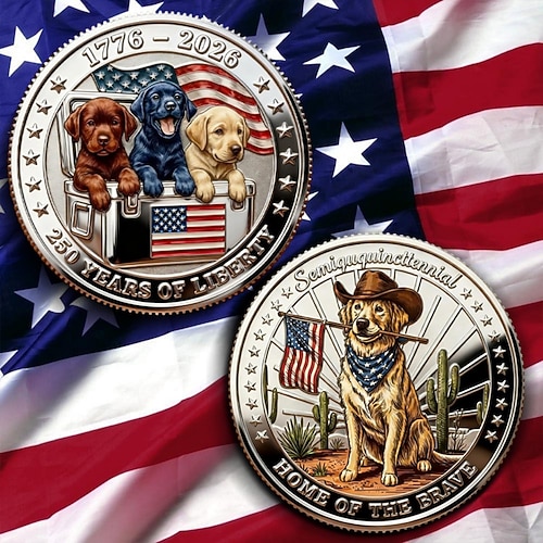 Gedenkmünzen zum 250. Jahrestag der Vereinigten Staaten, Motiv: Patriotische Hunde, Sammlermünzen zum 550. Jahrestag, Heimat der Tapferen, amerikanische Flagge Welpenkunst, perfektes Geschenk für Image