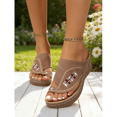 Bestickte Plateau-Sandalen im Boho-Stil für Damen – bequeme Pantoletten mit Zehenschlaufe für drinnen und draußen, Sommerurlaub und entspanntes Beisammensein Image