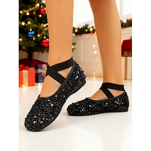 Rote Pailletten-Ballerinas für Damen mit gekreuzten Riemen – funkelnder Festtagsstil, perfekt für Weihnachtsfeiern, Silvesterfeste und festliche Anlässe. Image