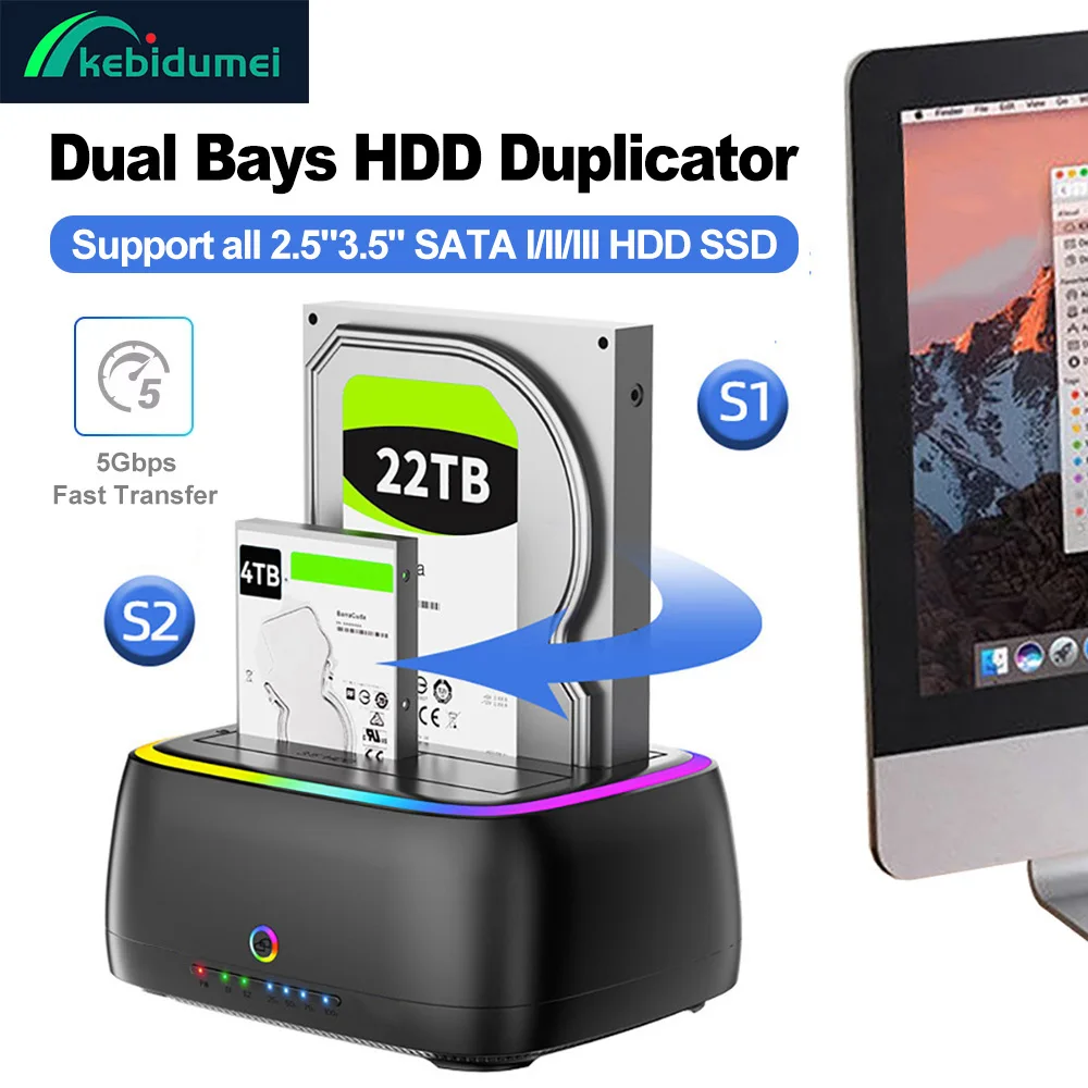 Kebidumei Dual-bay-HDD-Dockingstation, One-Click-Offline-Klon, SATA zu USB, 5 Gbit/s, HDD-Gehäuse, RGB-Lichteffekt, 2,5/3,5 HDD-Box Image