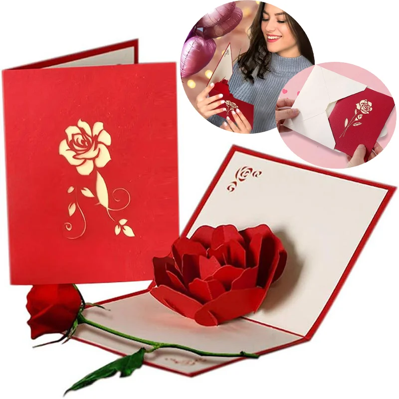 3D Rose Pop Up Karte, Valentinstag Karte, Muttertag Geburtstag Karte, Jubiläen Hochzeiten Blumen Grußkarte mit Umschlag Image