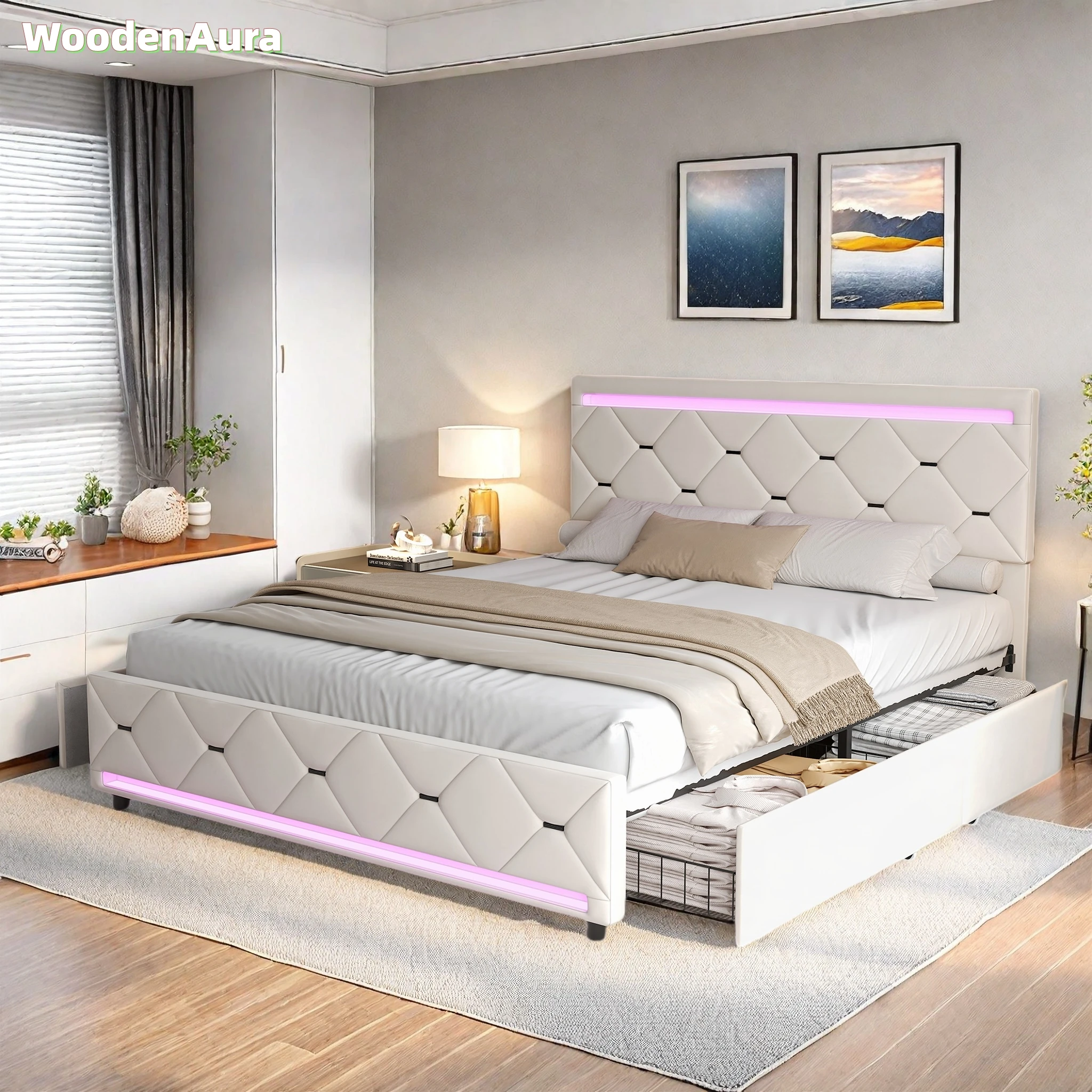 WoodenAura Bett 160x200 cm mit Stauraum, LED-Lichtleiste und USB-Ladeanschluss, Lattenrost, Doppelbett, Samt, Cremeweiß.