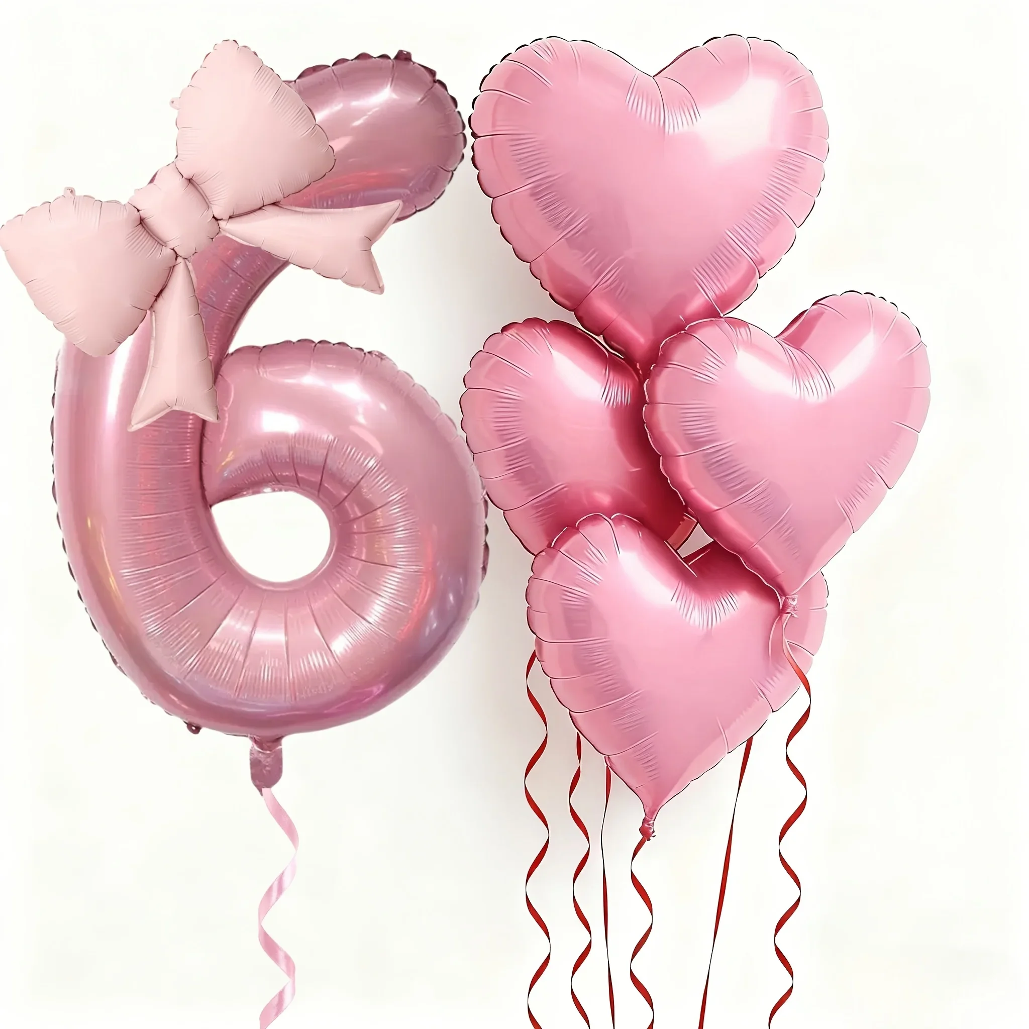 6 Stück rosa Schleifen-Herzballons, 40 Zoll, Nummer 0-9, Ballon, Geburtstagsdekoration für Erwachsene, Valentinstag, Jubiläumsfest Image