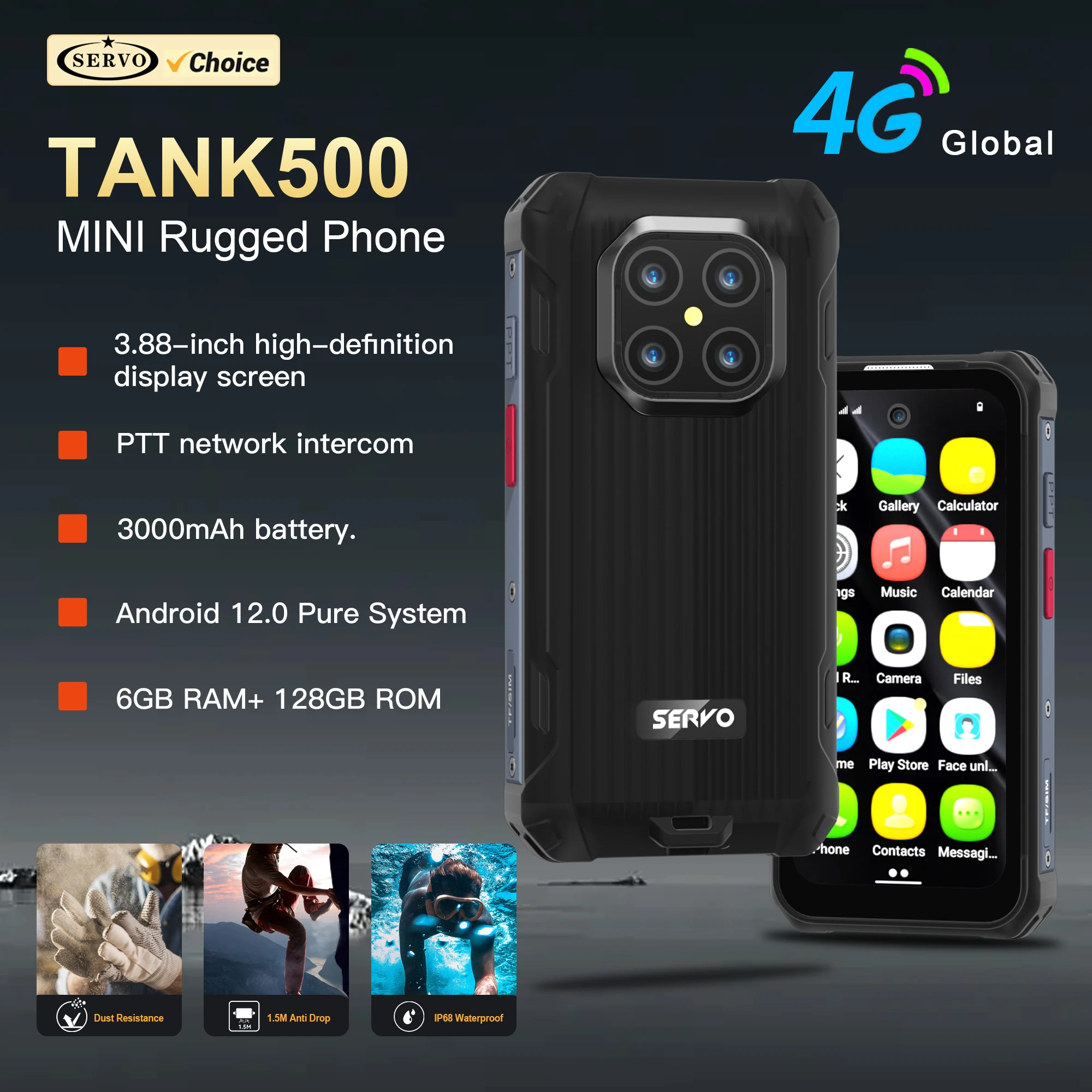 SERVO TANK500 Android Mini Robustes Smartphone 3,88-Zoll-Display 6 GB + 128 GB 13 MP Kamera 3000 mAh PTT Dual SIM 4G wasserdichte Smartphones Image