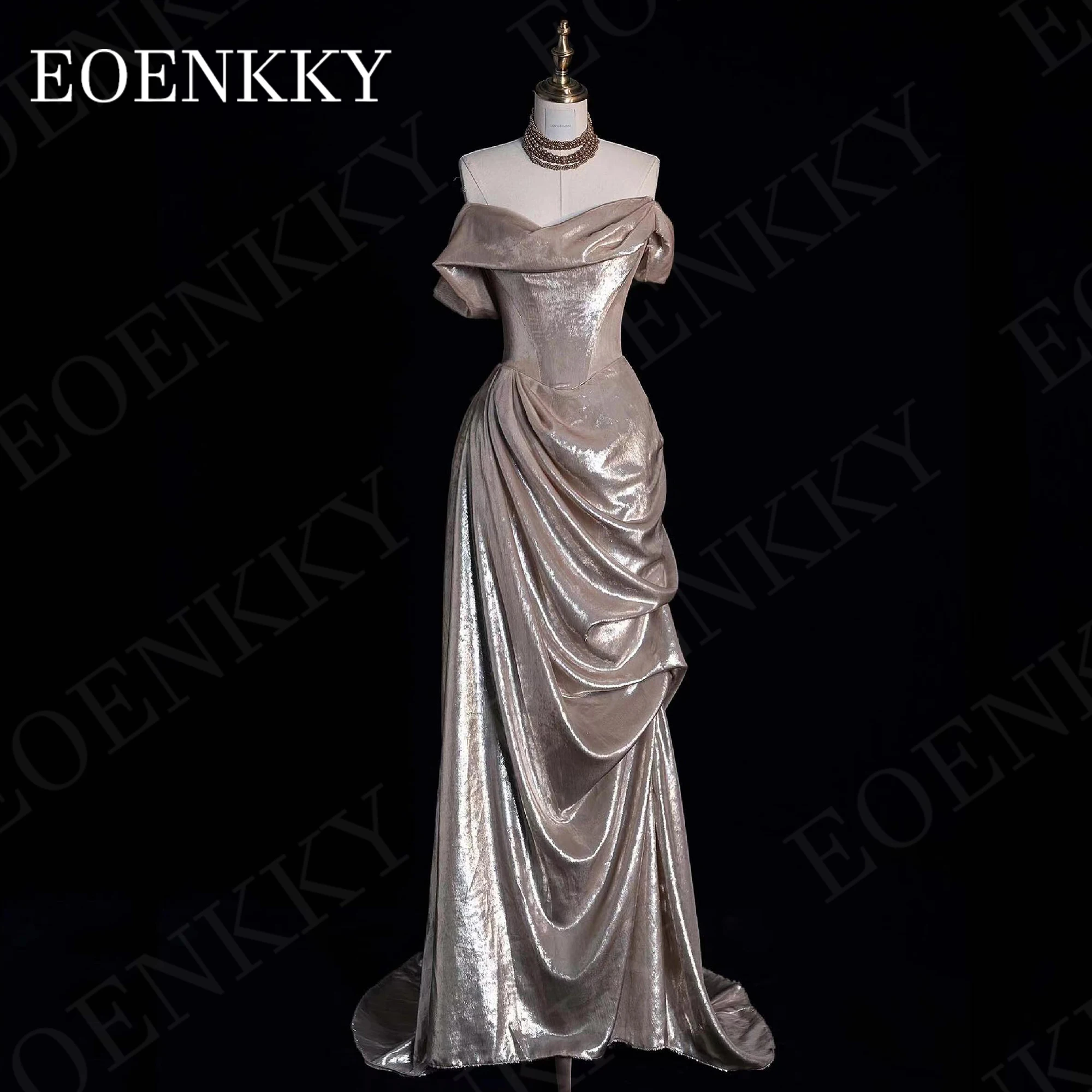 EOENKKY Schulterfreie Abendkleider für Damen elegantes A-Linien-Plissee-Partykleid mit Schleppe maßgeschneiderte elegante Festkleider Off-Schulter Abendkleider Frau Elegant Eine Linie Falten Party