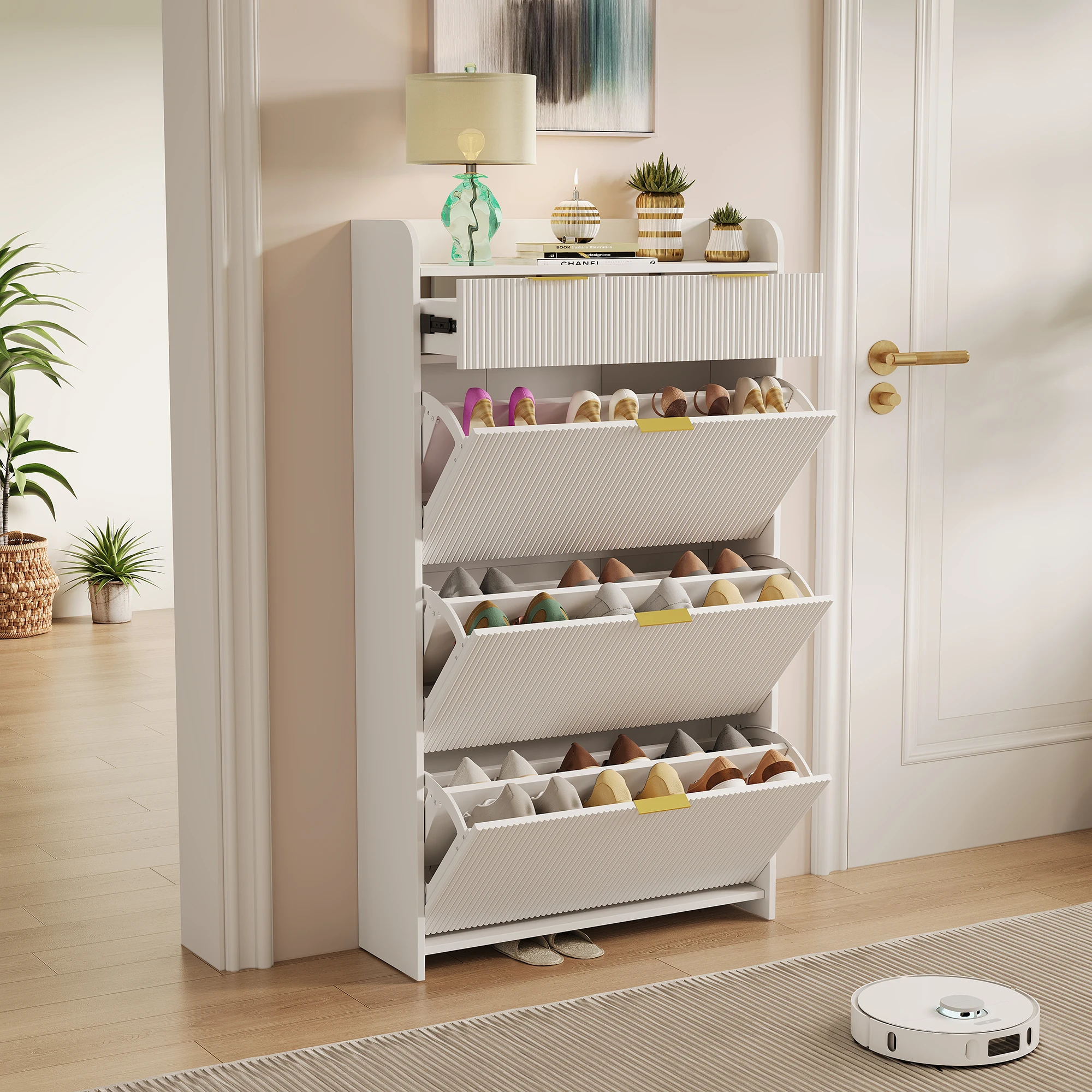 Comanlai 80 x 24 x 110 cm moderner Schuhschrank für den Eingangsbereich mit 3 Scharniertüren und 2 Schubladen, Schuhtruhe, platzsparendes Schuhregal, weiß