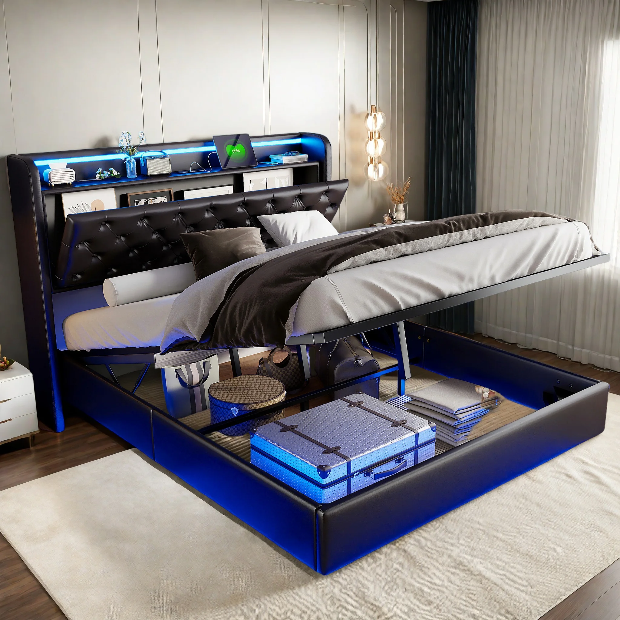 Rosahqnda Polsterbett 140/160 x 200 cm mit LED-Kopfteil, hydraulischer Stauraum und Metallrahmen, Jugendbett, PU Image