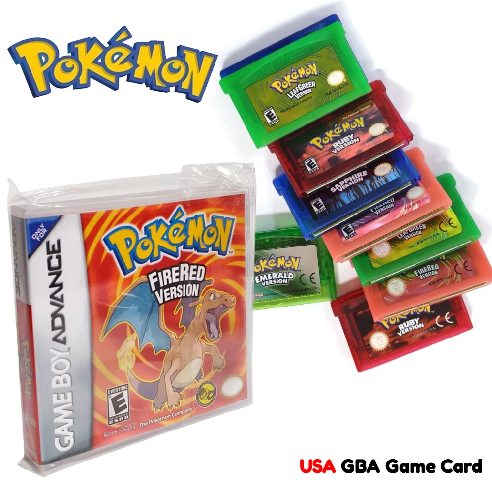 USA 5 Styles Pokemon Series Emerald FireRed Leafgreen Ruby Sapphire GBA Game in Box for 32 Bit Video Game Cartridge No Manual