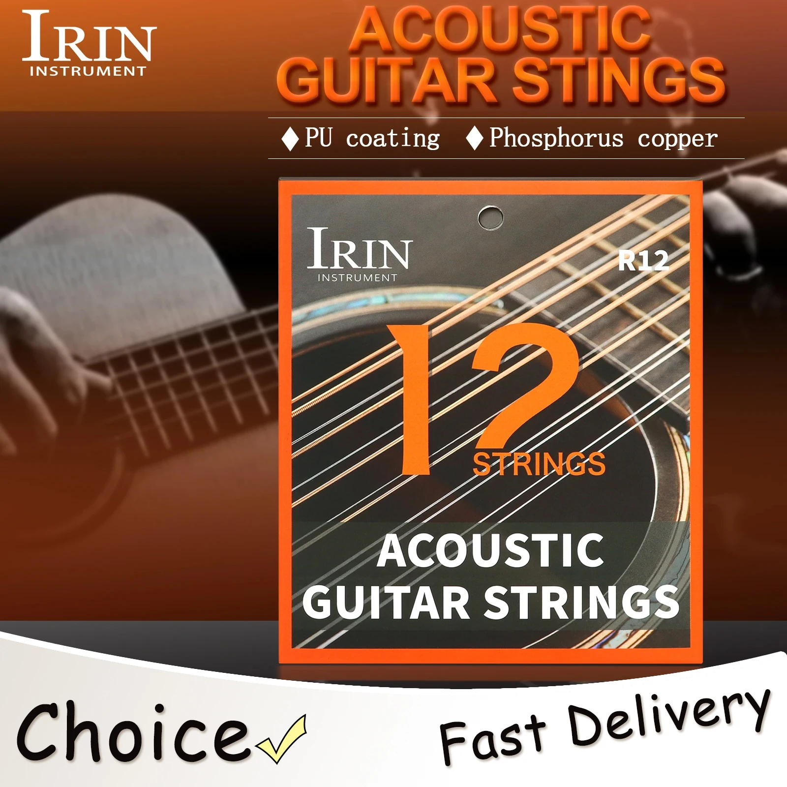 IRIN R12 12-saitige Folk-Gitarrensaiten aus Phosphorbronze mit PU-Beschichtung, Saiten für Akustikgitarre, Folk-Gitarrenzubehör Image