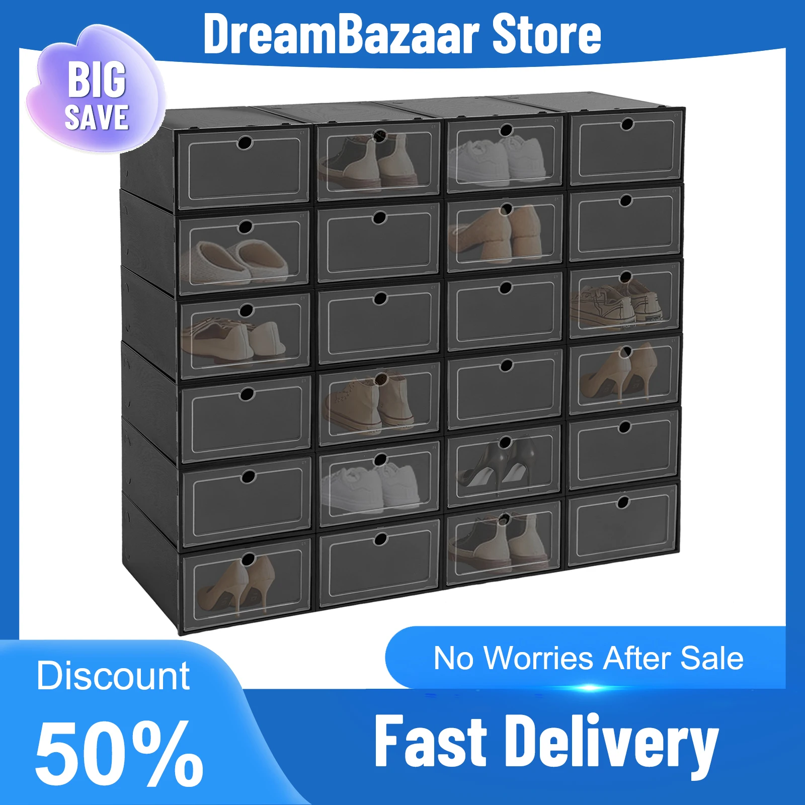 24er-Pack stapelbare Schuh-Aufbewahrungsboxen für Schränke, Eingangsbereich, Turnschuhe, High Heels, Stiefel, Organizer, modern, freistehend, Schwarz