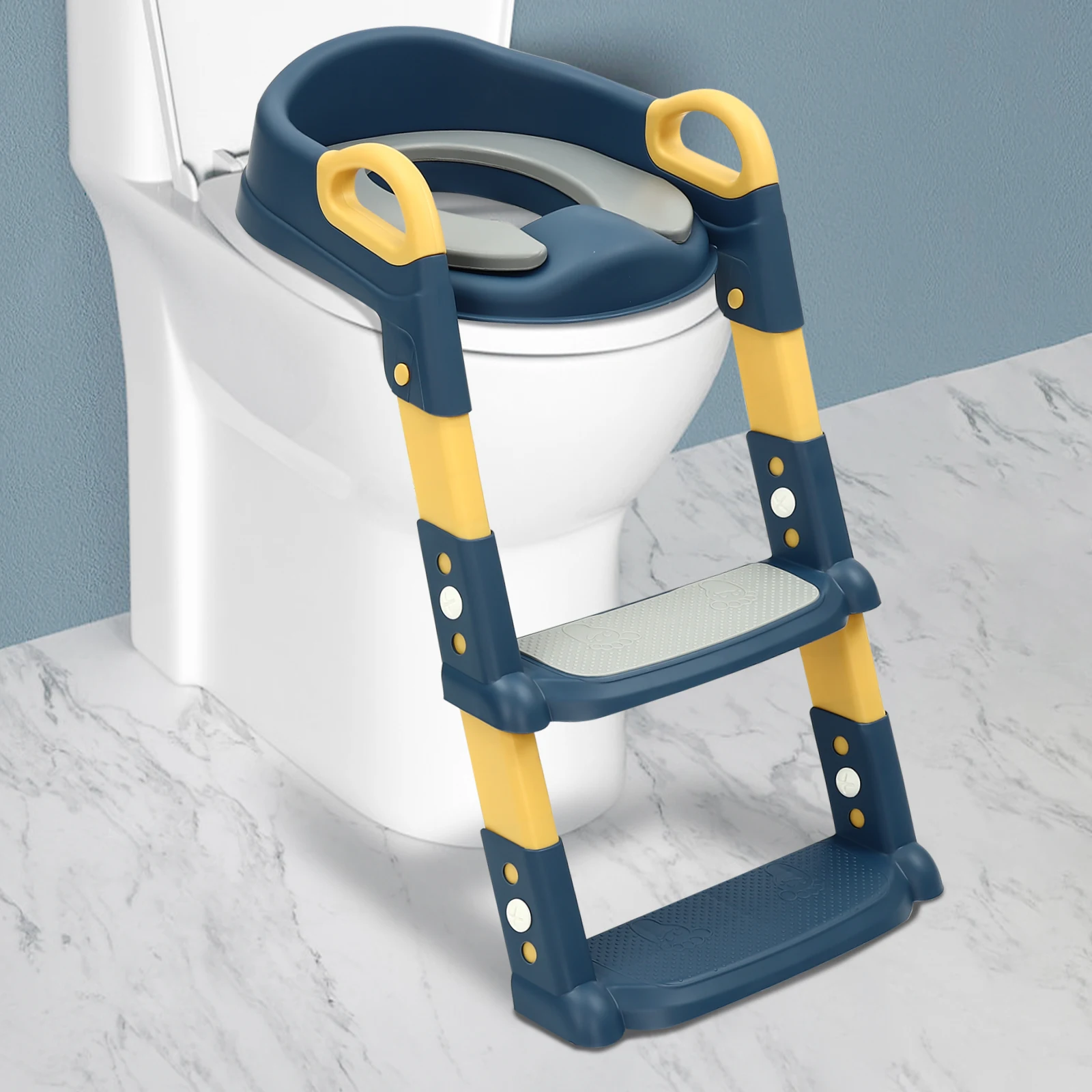 Blauer Kindertoilettensitz mit Treppe, PP-PU-Material und 6-stufiger-Höhenverstellung, ideal für 2–7 Jahre alte Image