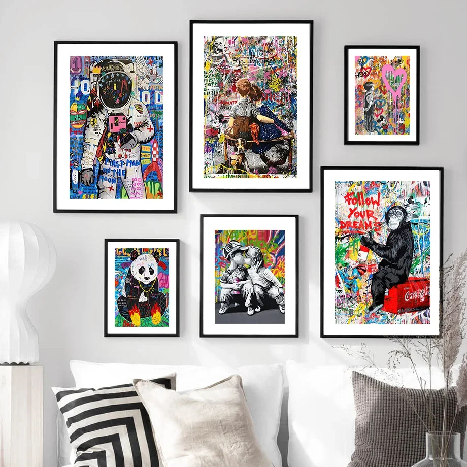 Astronaut Affen Panda Kuss Nordic Wand Kunst Leinwand Malerei Banksy Graffiti Poster Und Drucke Wand Bilder Für Wohnzimmer Dekor