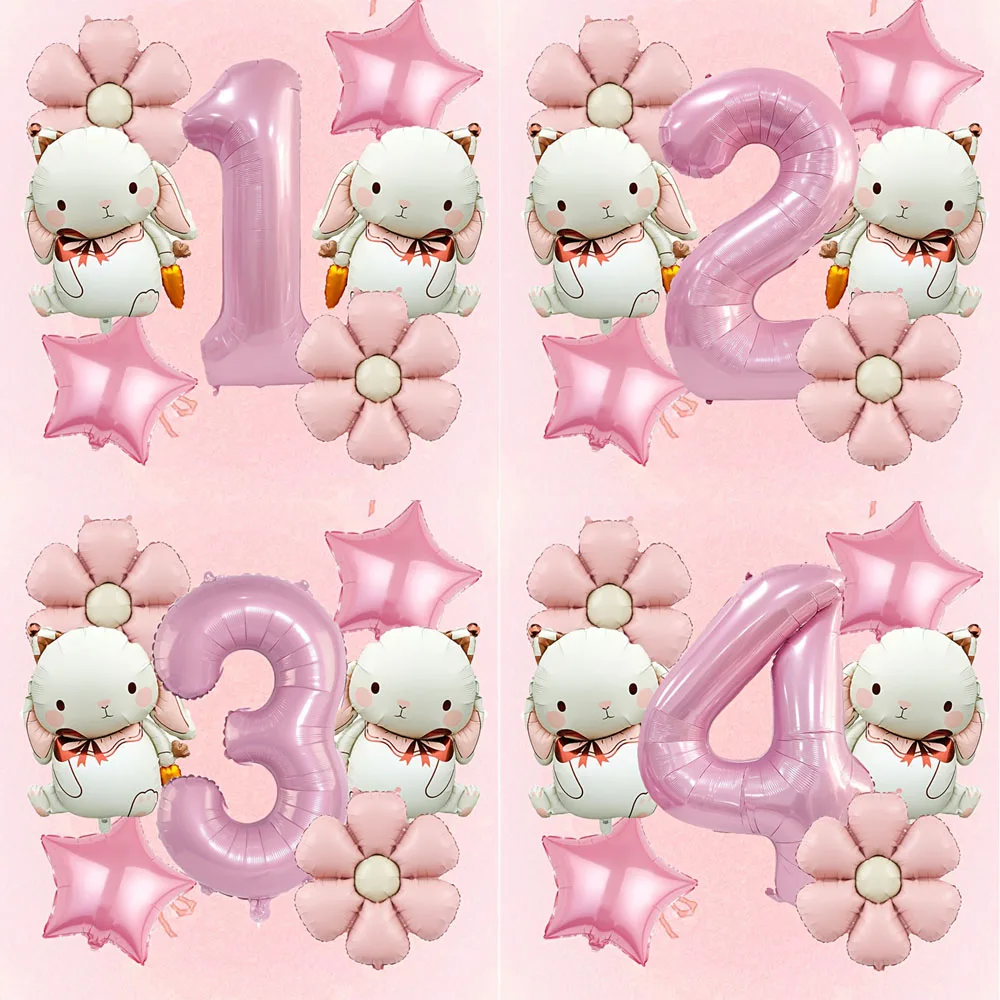 7-teiliges neues Kaninchen-Gänseblümchen-Ballon-Set mit 32 Zoll rosa Nummer 1-9 Ballon für Ostern, Geburtstagsparty-Dekoration, Kindergeschenke Image