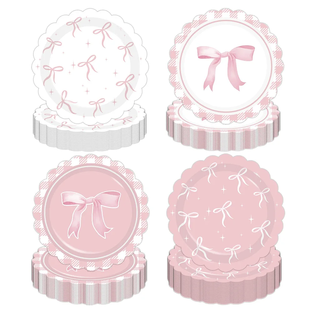 Niedliche Schleifen-Teller, Einweg-Pappteller, 17,8 cm, rosa Schleife, Banner, Kuchendeckel, Geburtstagsdekoration, Latex-Luftballons zum Aufhängen, Party-Versorgung Image