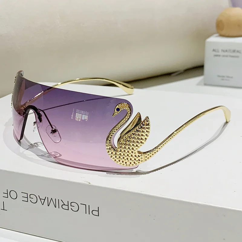 Neue Mode Frauen Übergroßen Randlose Sonnenbrille Luxus Marke Schwan Geformt Sonnenbrille Trendy Große Rahmen Sonnenbrille UV400 Image
