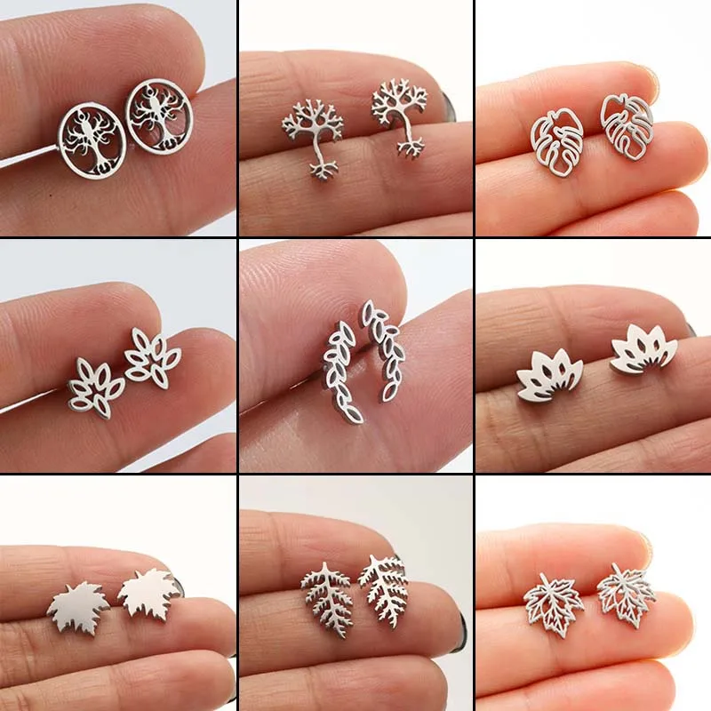 Casual Edelstahl Blatt Ohrring für Frauen Lotus Piercing Schmuck Paar Baum des Lebens Ohrringe Geschenke Zubehör Großhandel