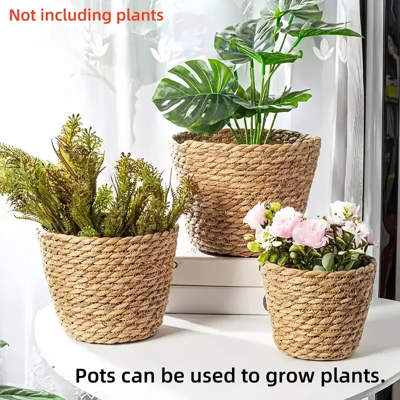 3 Stück runde Pflanztöpfe aus gewebtem Seil, dekorative Töpfe für Nachahmung und künstliches Grün, Gartenpflanzen, Gartenpflanzen dekorativ Image