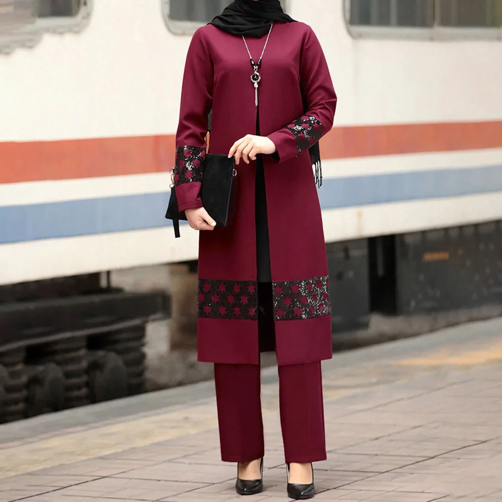 Eid 2-teiliges Set für Damen, Oberteil, weites Bein, Hosenanzug, bedruckt, Robe, Hose, Ensemble, muslimischer Ramadan, Arabisch, Marokko, Dubai, lässige Outfits Image
