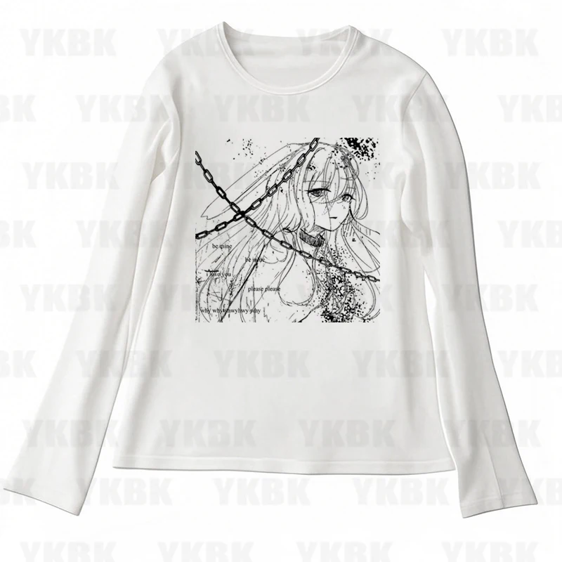 Harajuku Frauen Y2K Straße Harajuku Mode Spicy Girl Casual Top Langarm Retro Gothic Weiß Print Anime T-shirt Spicy Girl
